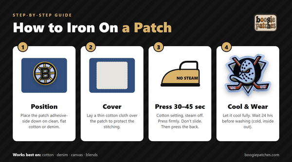 How to iron on a patch: position, cover, press 30-45 seconds, cool and wear