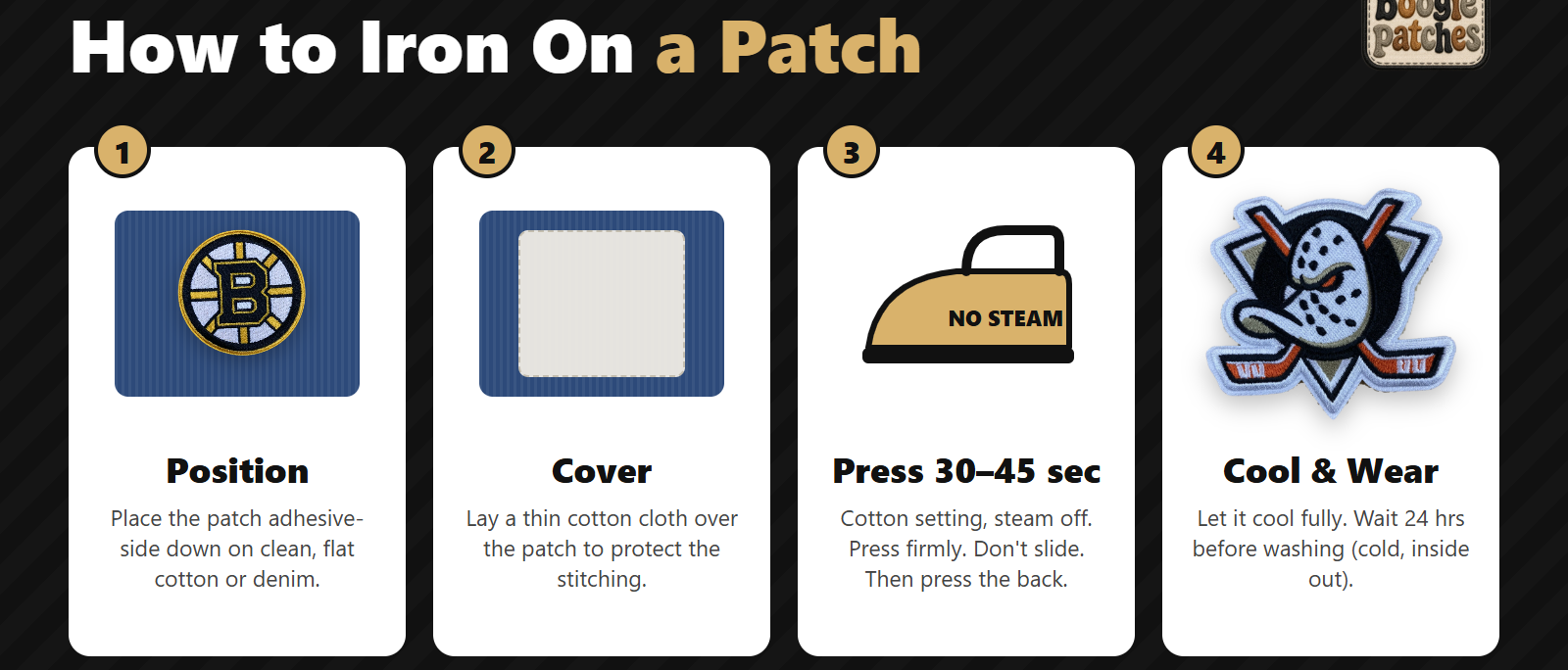 How to iron on a patch: position, cover, press 30-45 seconds, cool and wear