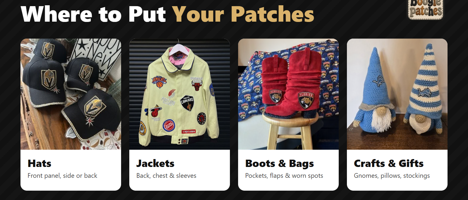 Where to put patches: hats, jackets, boots and bags, crafts and gifts